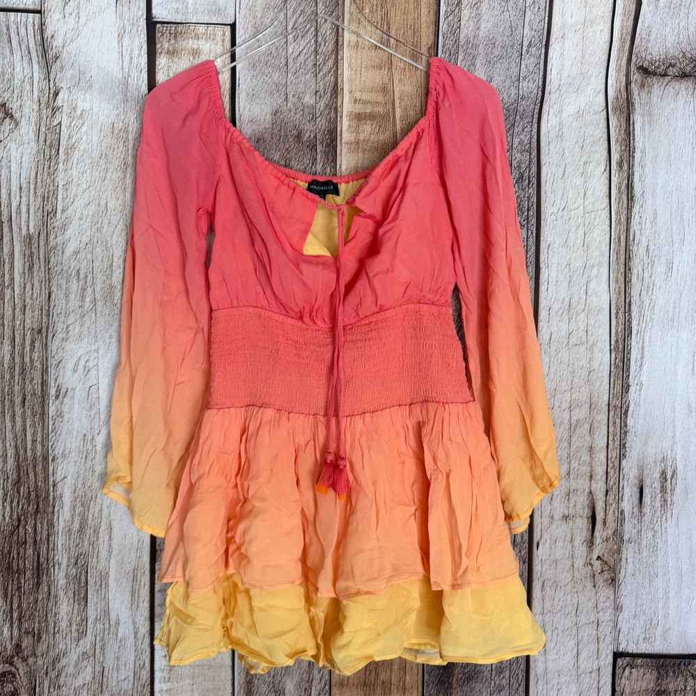 MAJORELLE Ombré Ruffle Mini Dress Romantic Off Shoulder Summer Rainbow Flirty XS